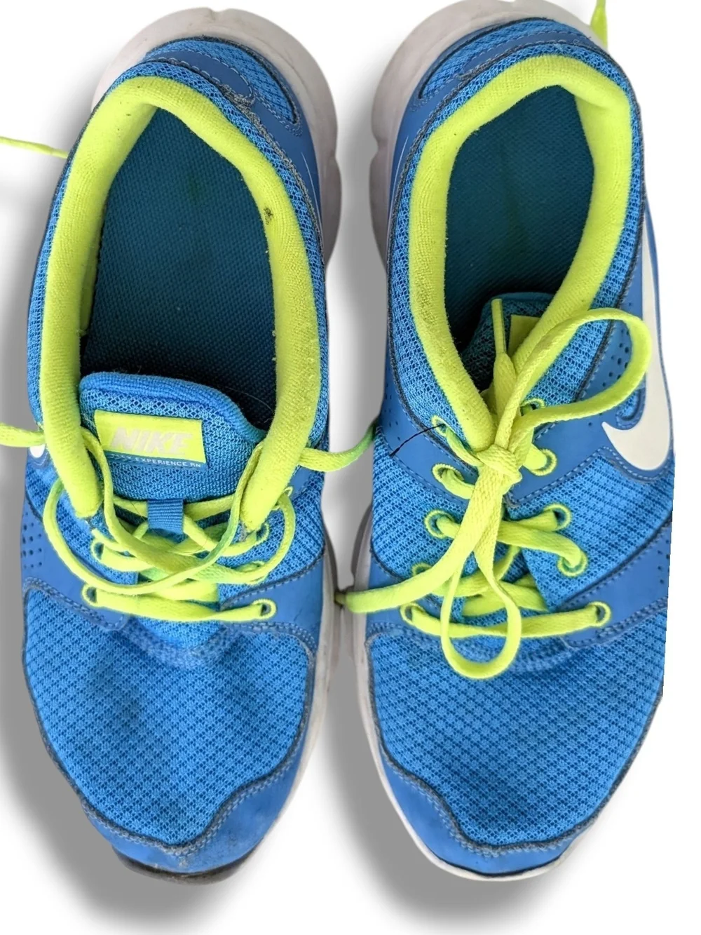 Nike Flex Experience Rn Blue Sneakers with Neon Green Accents, Size 8.5